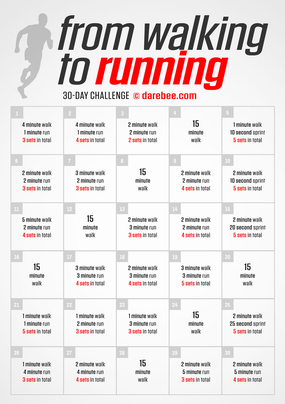 From Walking To Running is a DAREBEE home fitness no-equipment physical fitness challenge that transforms you from a walker to a runner inside a month.