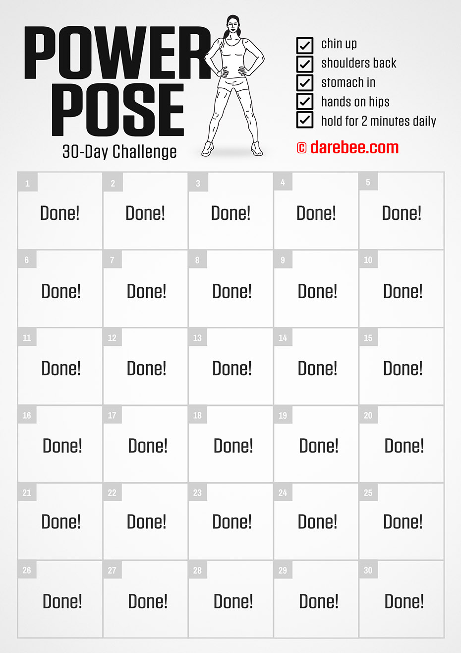 Power Pose is a DAREBEE home fitness monthly fitness challenge that helps your inner strength and mental health through the daily, month-long application of a simple power pose.