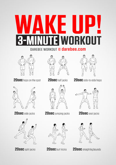 3-Minute Wake Up! is a DAREBEE home fitness no-equipment workout that helps you maintain your fitness edge and meet your fitness goals on days when life is hectic.