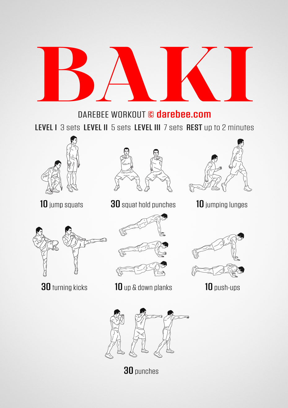 Unleash your inner warrior with the Baki workout, a Darebee home-fitness set of exercises designed to train every muscle in your body and work all your physical attribute skills.