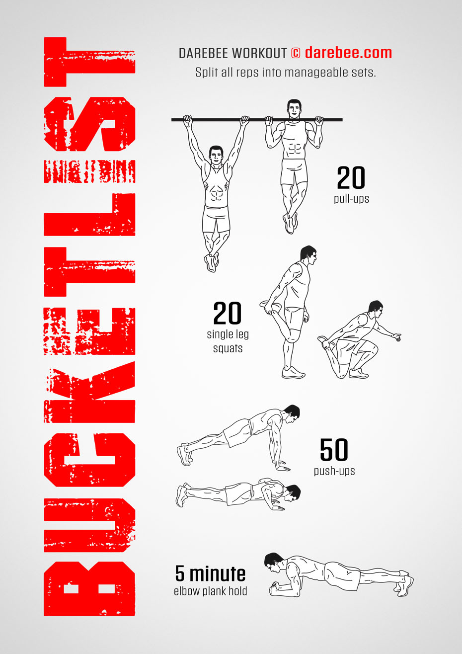 Bucketlist is a Darebee home-fitness total body strength workout that will help you increase your strength gains and level up.