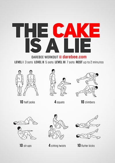 The Cake Is A Lie is a DAREBEE full body, high-burn home fitness no-equipment workout you can use to lose weight at home and improve your cardiovascular fitness.