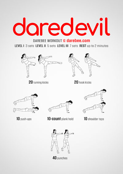 Daredevil is a combat-moves based workout that will help your entire body become more coordinated, it will improve your balance and train your brain.