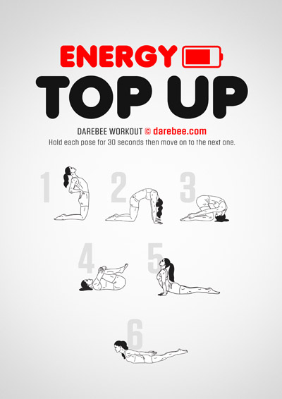 Energy Top Up is a DAREBEE yoga-based no-equipment home workout you reach for when you are feeling tired and need to do something that will revitalize your body.