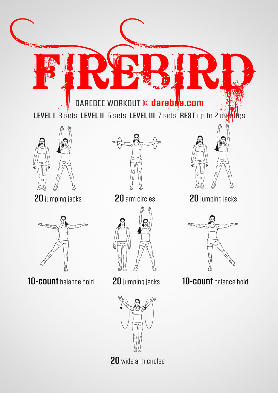 Firebird is a DAREBEE home fitness no-equipment home cardio and aerobics workout that helps you improve your endurance and aerobic capacity.