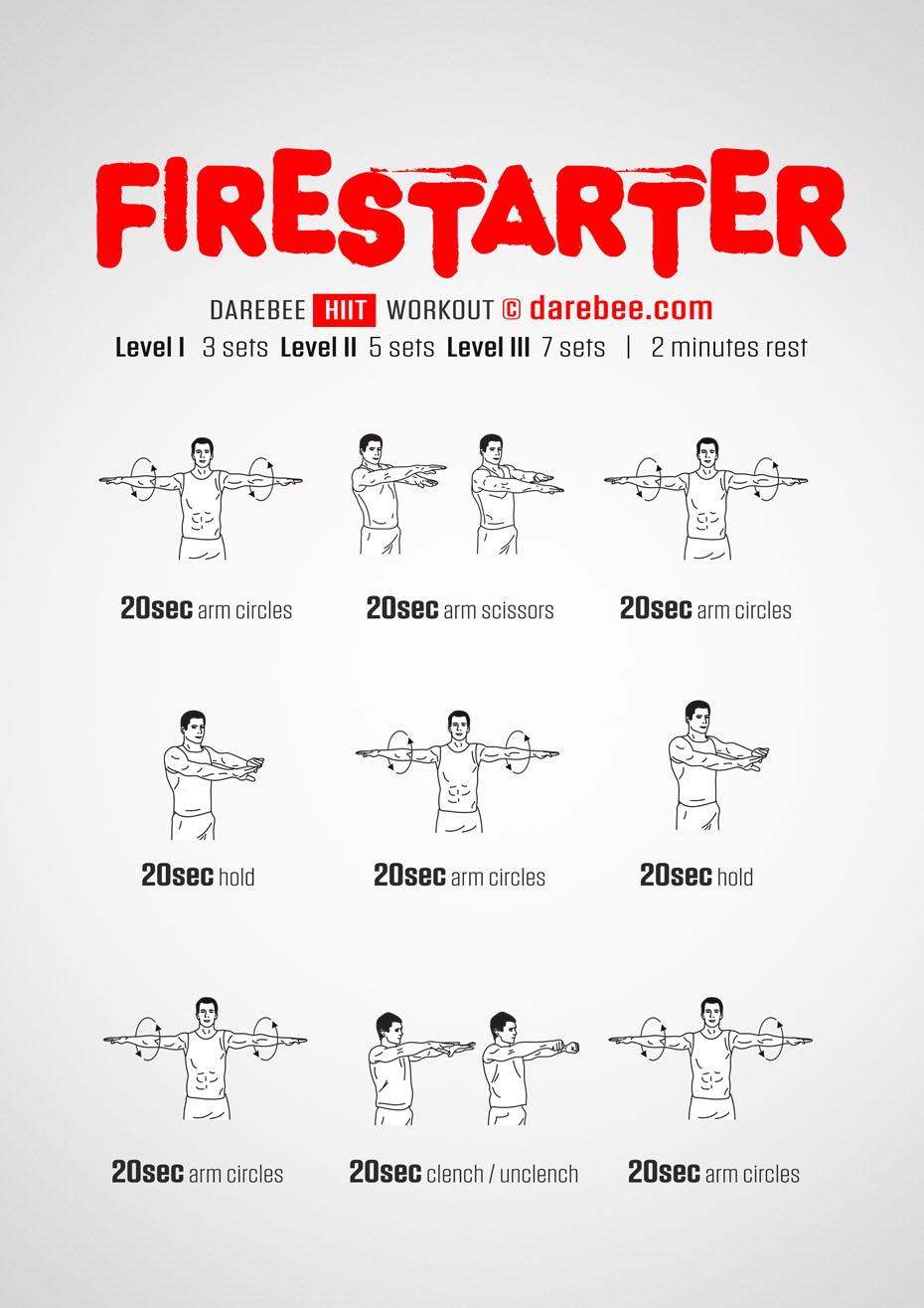 Firestarter is a DAREBEE no equipment home fitness upper body High Intensity Interval Training (HIIT) workout that helps you stay younger and stronger as you get older.