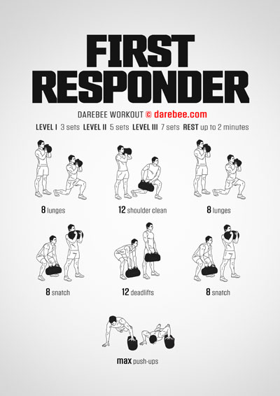 First Responder is a Darebee home-fitness total body strength workout for anyone with a power bag a tiny bit of space and a few minutes.