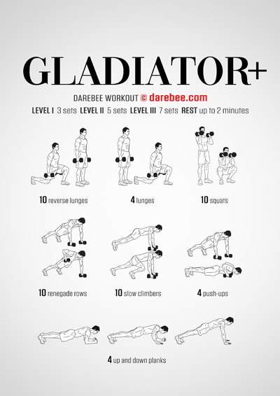 Gladiator Plus is a DAREBEE home workout that uses a pair of dumbbells to help you develop amazing total body strength at home.