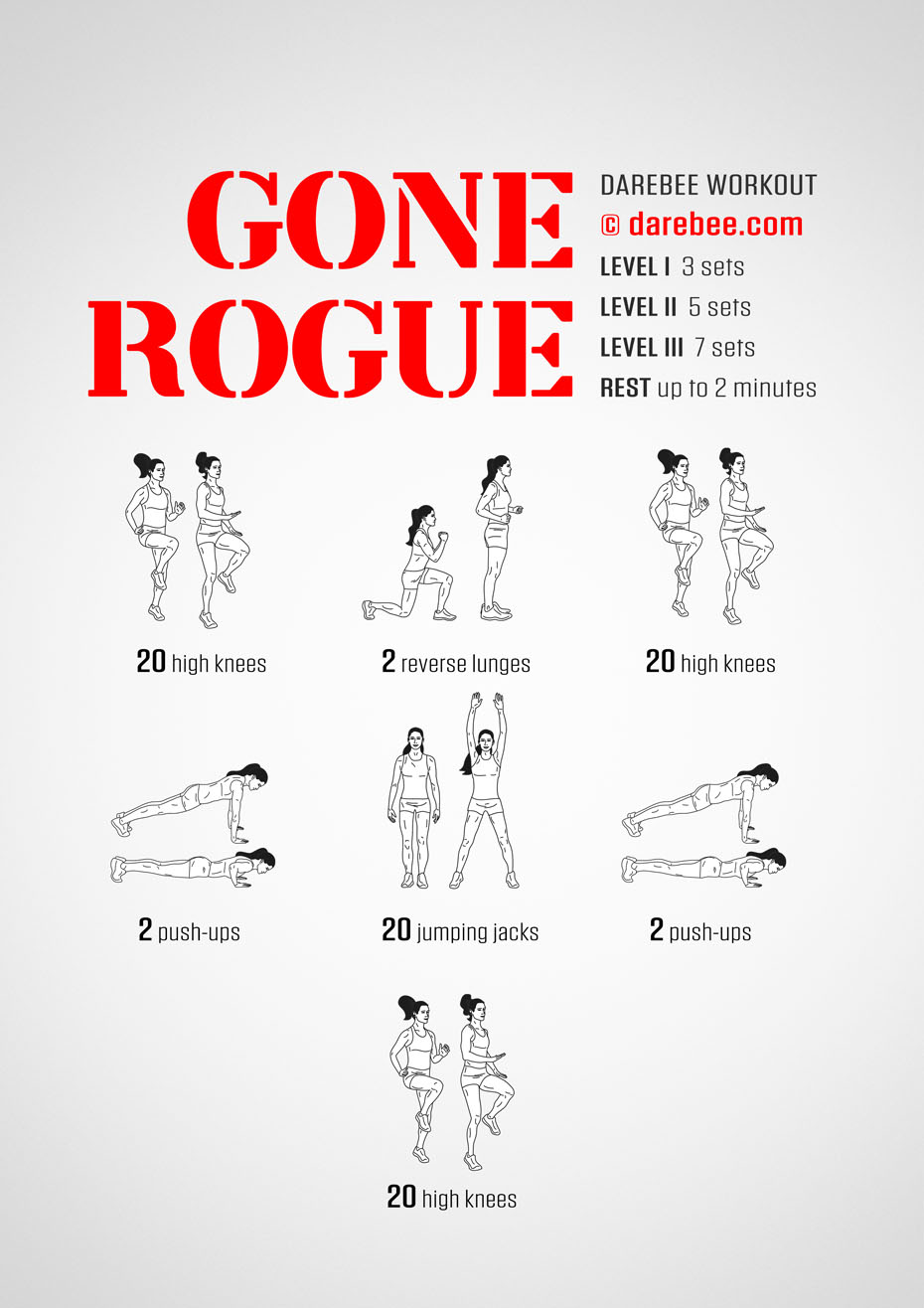 Gone Rogue is a Darebee no-equipment workout that will test your aerobic response, work your cardiovascular system, raise your body temperature and force your body to work hard.