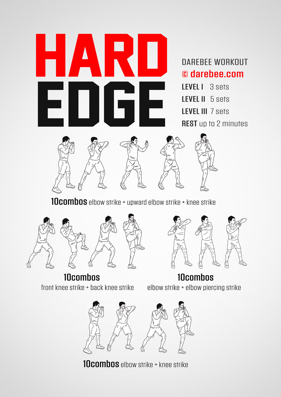 Hard Edge is a DAREBEE no-equipment, combat-moves based martial arts inspired home workout that will test your speed, timing, coordination and explosiveness.