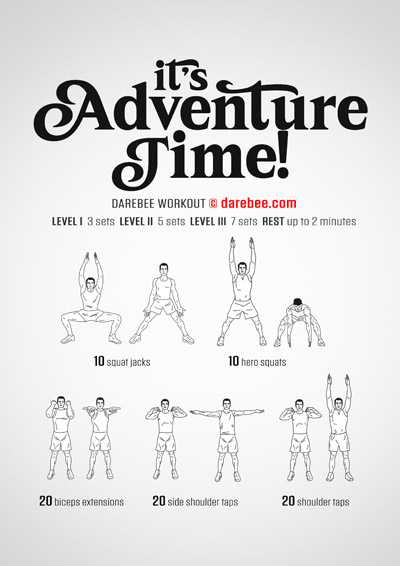 It's Adventure Time! is a DAREBEE no-equipment home workout that helps your improve your aerobic and cardiovascular fitness, at home. 