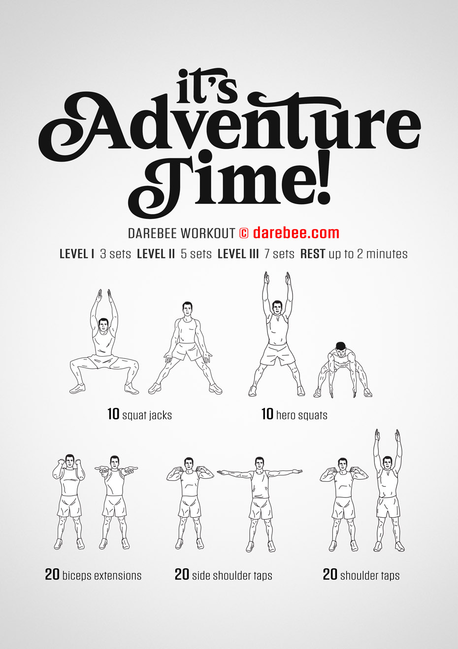 It's Adventure Time! is a DAREBEE no-equipment home workout that helps your improve your aerobic and cardiovascular fitness, at home. 