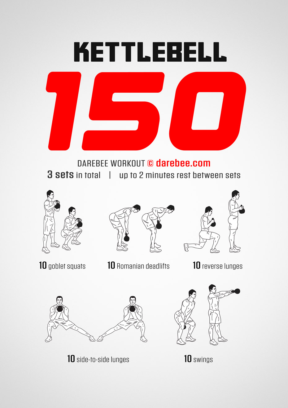 Kettlebell 150 is a DAREBEE home fitness workout you can do at home with a kettlebell that will test your strength and stamina and help you get fitter and feel stronger, faster.