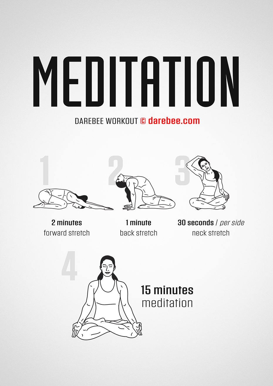 Meditation is a full-body Darebee home-fitness mind/body workout that will help you feel calmer and more peaceful. 