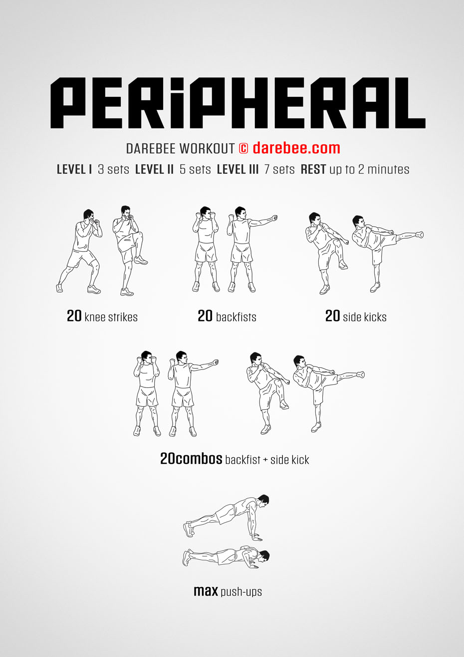 Peripheral is a Darebee home=fitness workout that helps you develop the kind of body movement, coordination and muscle control that helps you out when you need to rely on your own resources.