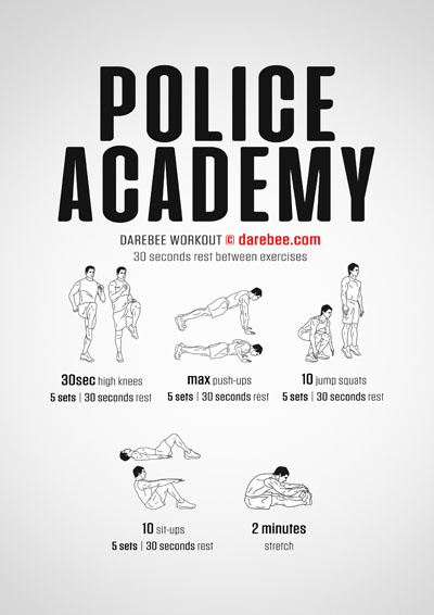 Police Academy is a DAREBEE home fitness no-equipment total body strength workout that helps you develop overall strength and power at home, without any equipment.