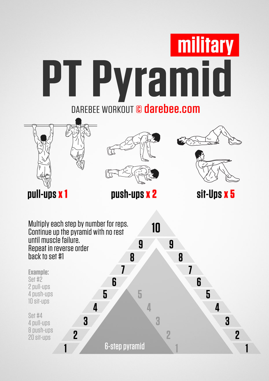 PT Pyramid is a Darebee home-fitness hard workout that helps you develop stamina, endurance and strength.