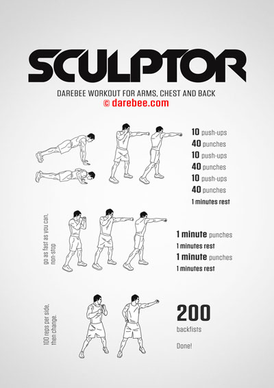 Sculptor is a DAREBEE home fitness no equipment upper body strength and tone workout that also helps you build a little bit of endurance.