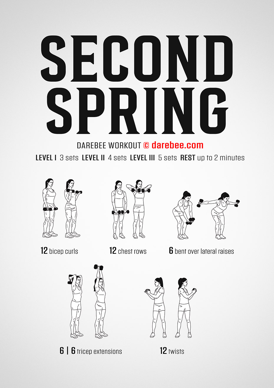 Second Spring is a Darebee home fitness dumbbells-based upper body strength-building de-aging workout you should do when you're at home.