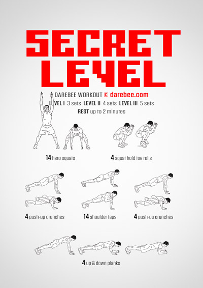 Secret Level is a DAREBEE no-equipment total body strength and tone home workout you can use to help you level up in your total body strength aspirations.