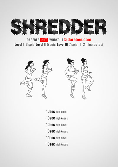 Shredder is a DAREBEE home fitness High Intensity Interval Training (HIIT) workout that will improve your endurance and cardiovascular fitness.