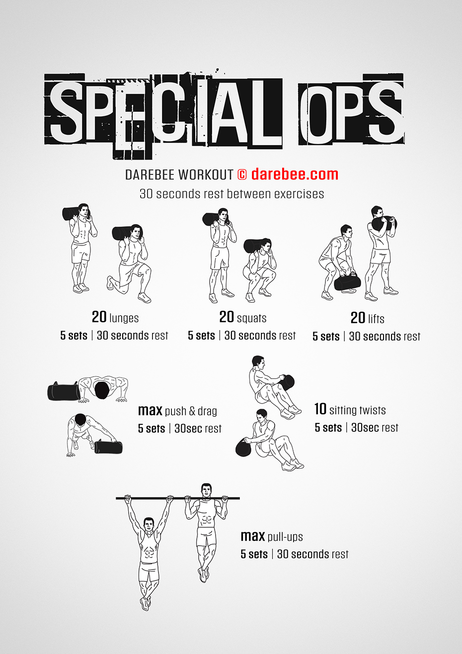 Special Ops is a difficulty Level V Darebee home-fitness total-body, strength workout you can do at home. 