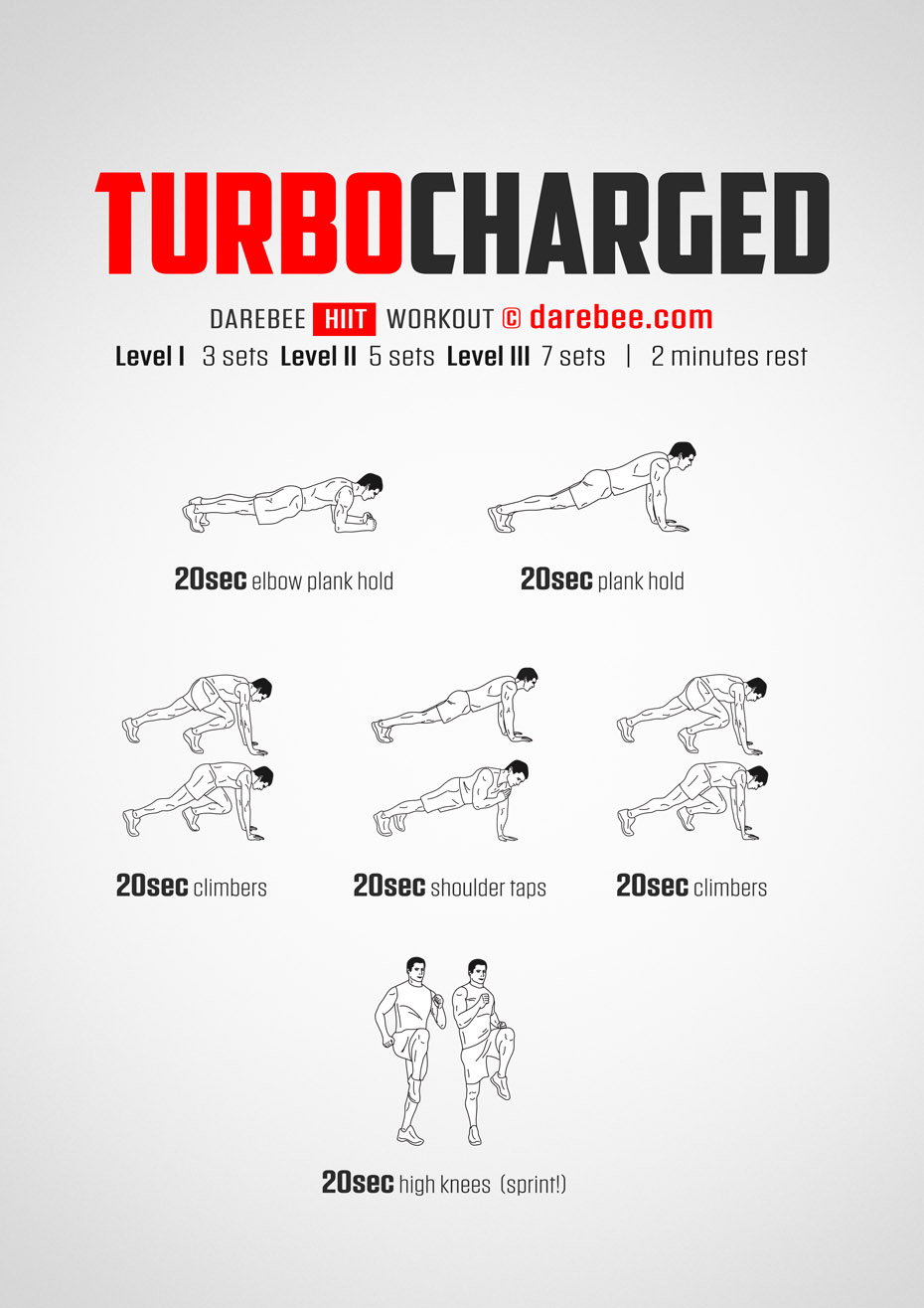 Turbocharged is a DAREBEE home fitness no-equipment High Intensity Interval Training (HIIT) workout that helps you get fitter, faster.