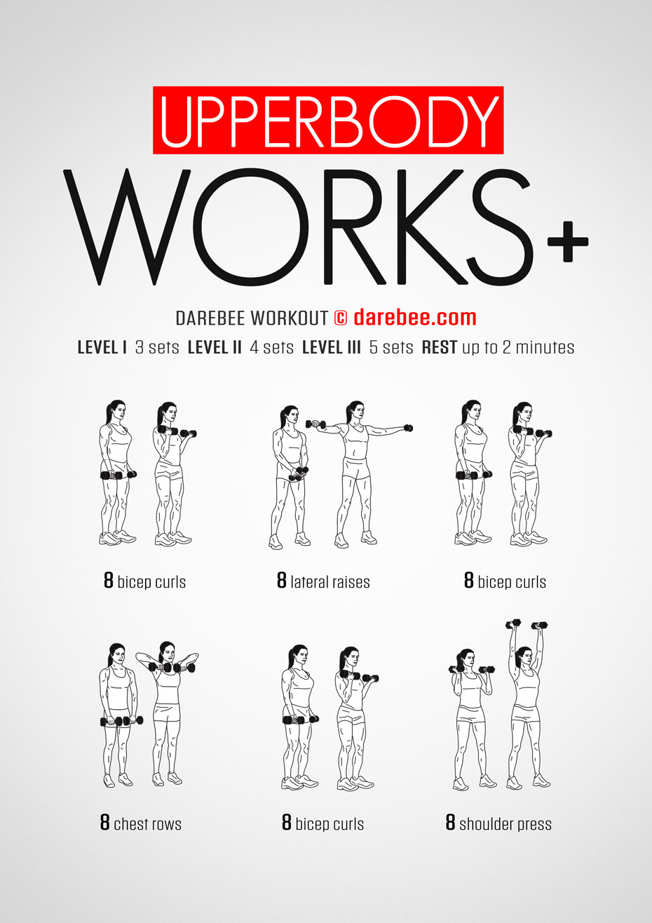 Upperbody Works Plus is a DAREBEE home fitness dumbbells weight training and strength building upper body home workout.