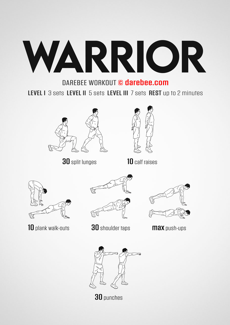 Warriro is a Darebee home-fitness workout that uses no equipment to help you become stronger, faster and more durable.