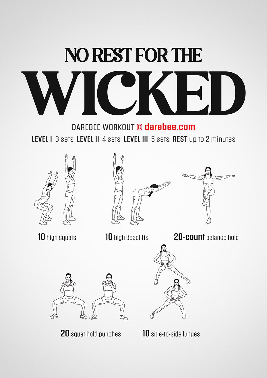 Wicked is a DAREBEE no-equipment home workout that uses the body's weight and gravity to create a total body workout for agility and speed.