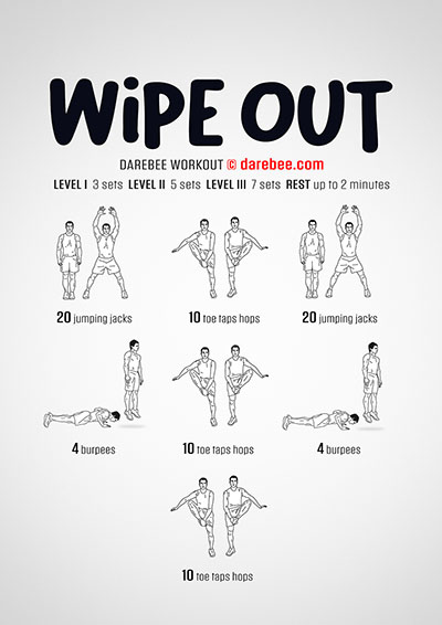 Wipe Out is a Darebee home fitness workout that uses moderate-to-high impact exercises to help you develop fascial fitness and become more resistant to fatigue.